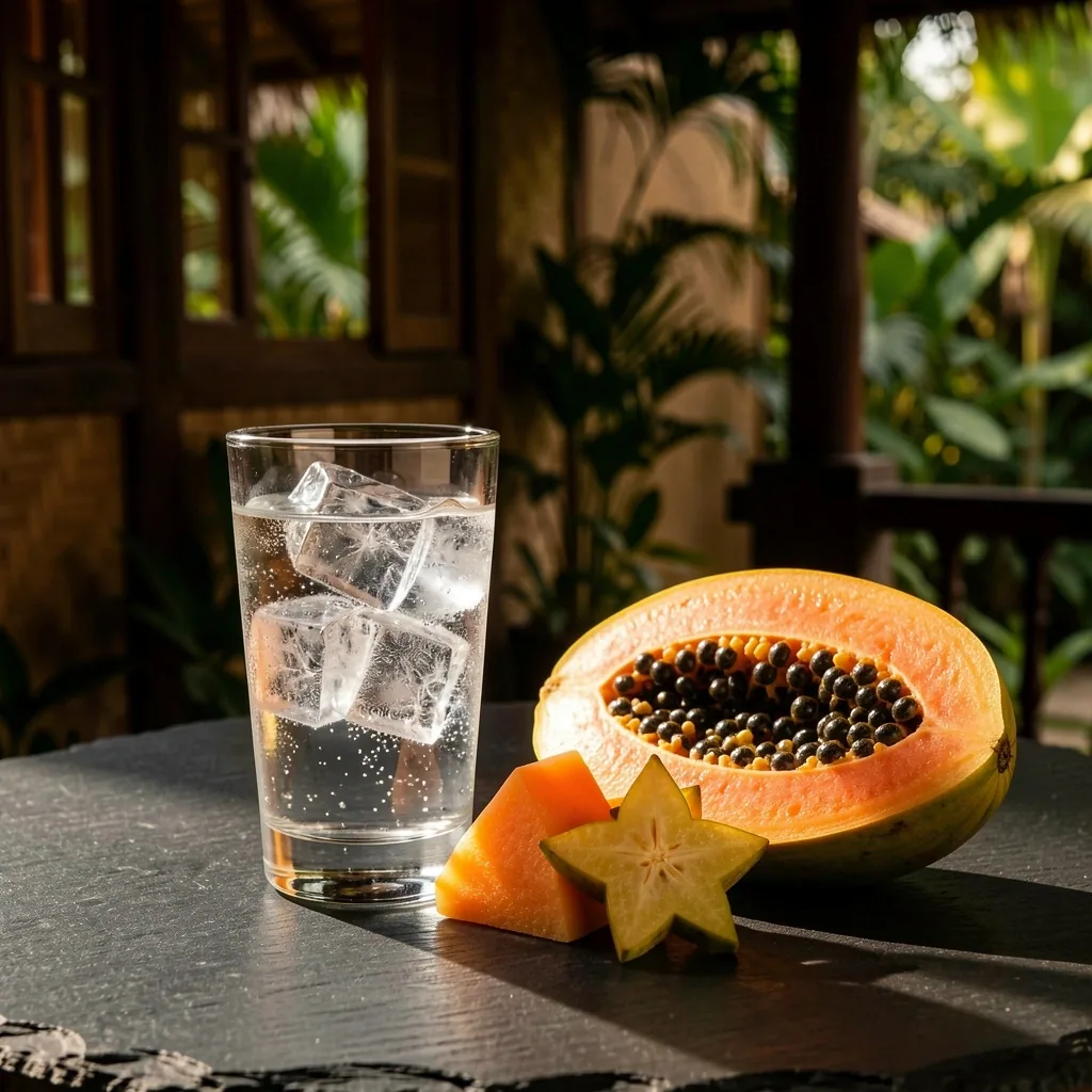 Fresh water and tropical fruits on a dark surface
