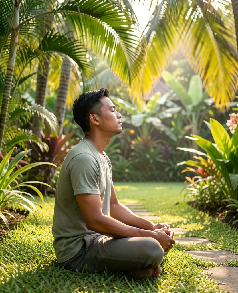 Pria melakukan meditasi singkat di taman tropis